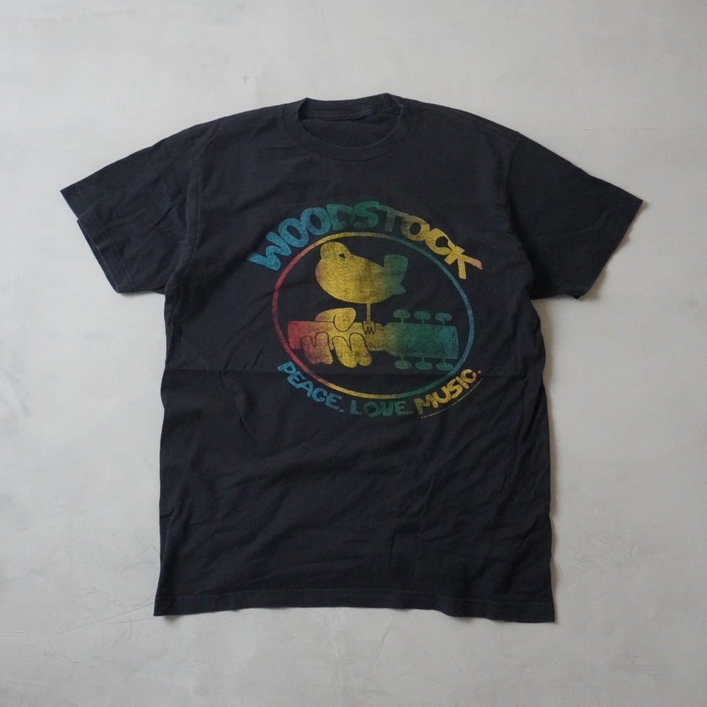 Woodstock Peace Love Music T-Shirt Mens Medium Black Rainbow Graphic Tee